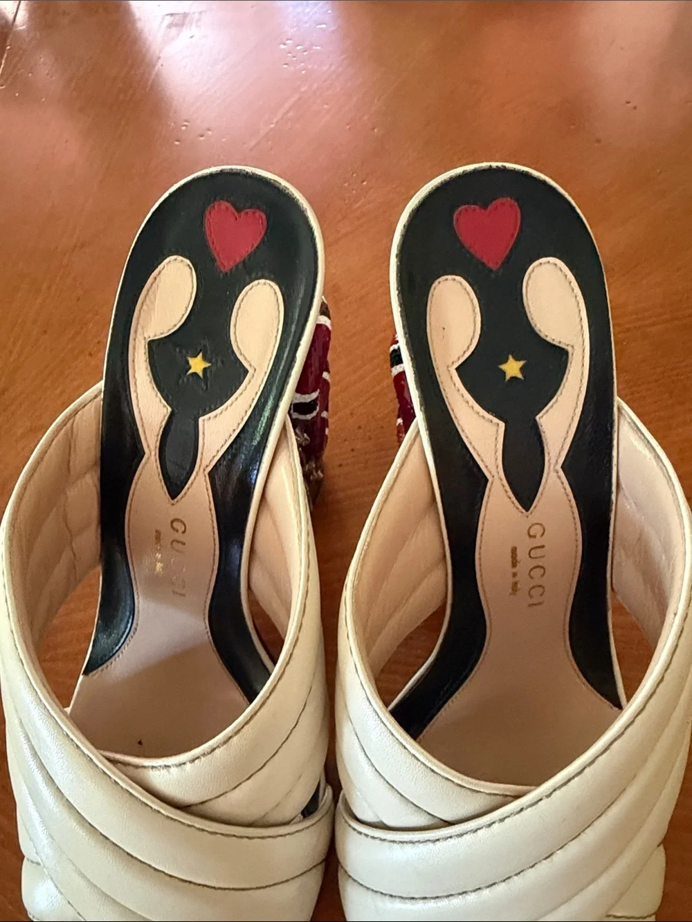 Gucci Cream Slip-On Heels with Red & Black Embellished Snake-Detail Heel - Picture 7 of 10